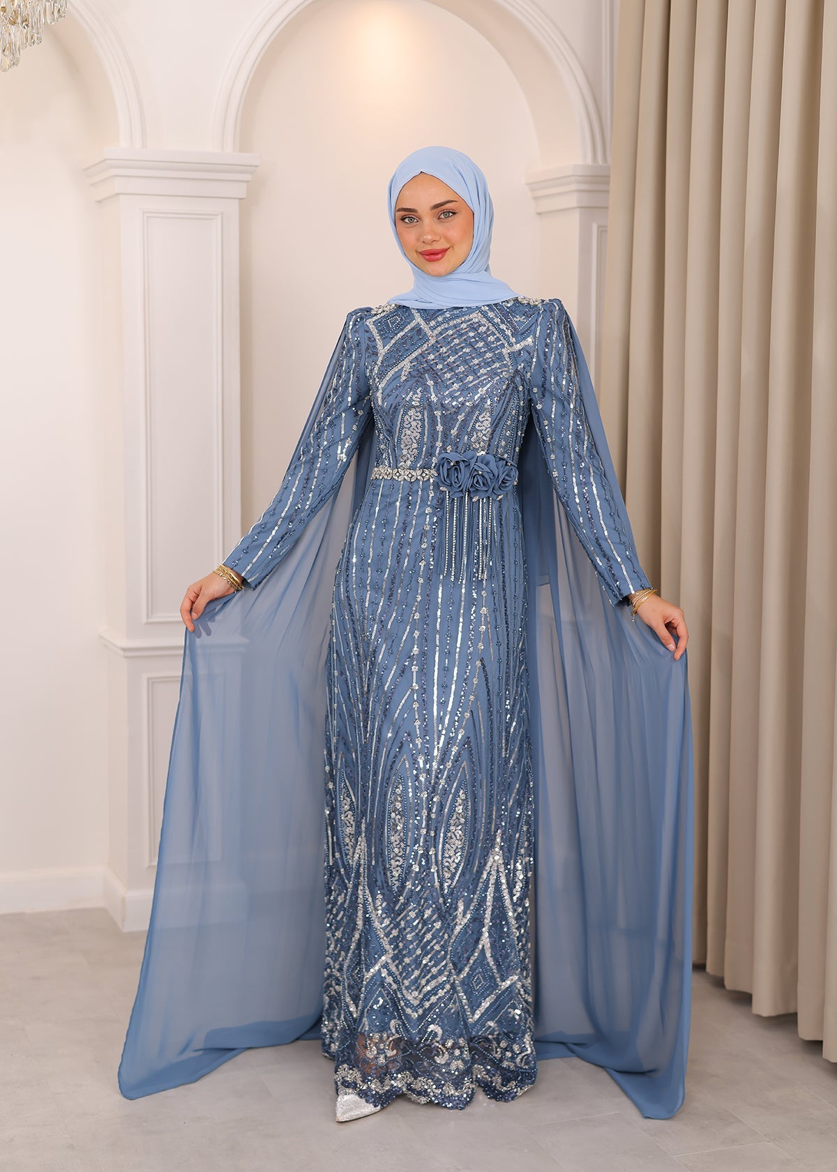 CAPED JEWELED EVENING DRESS 0032